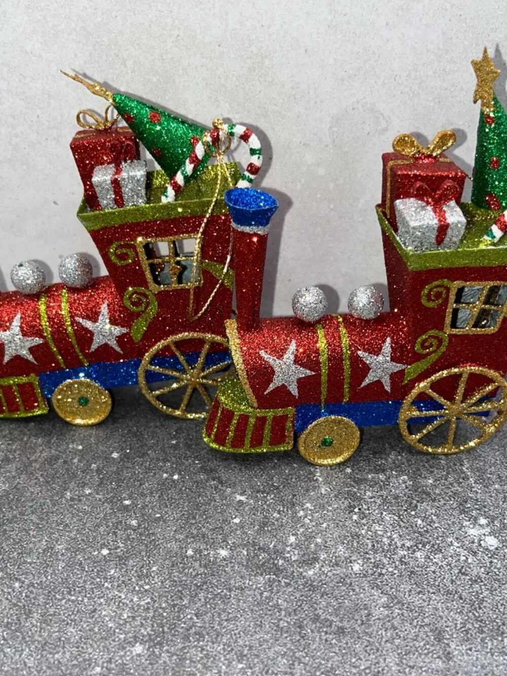 Vintage Pier One Pier 1 Metal Glitter Christmas Train Ornaments Red Green Blue